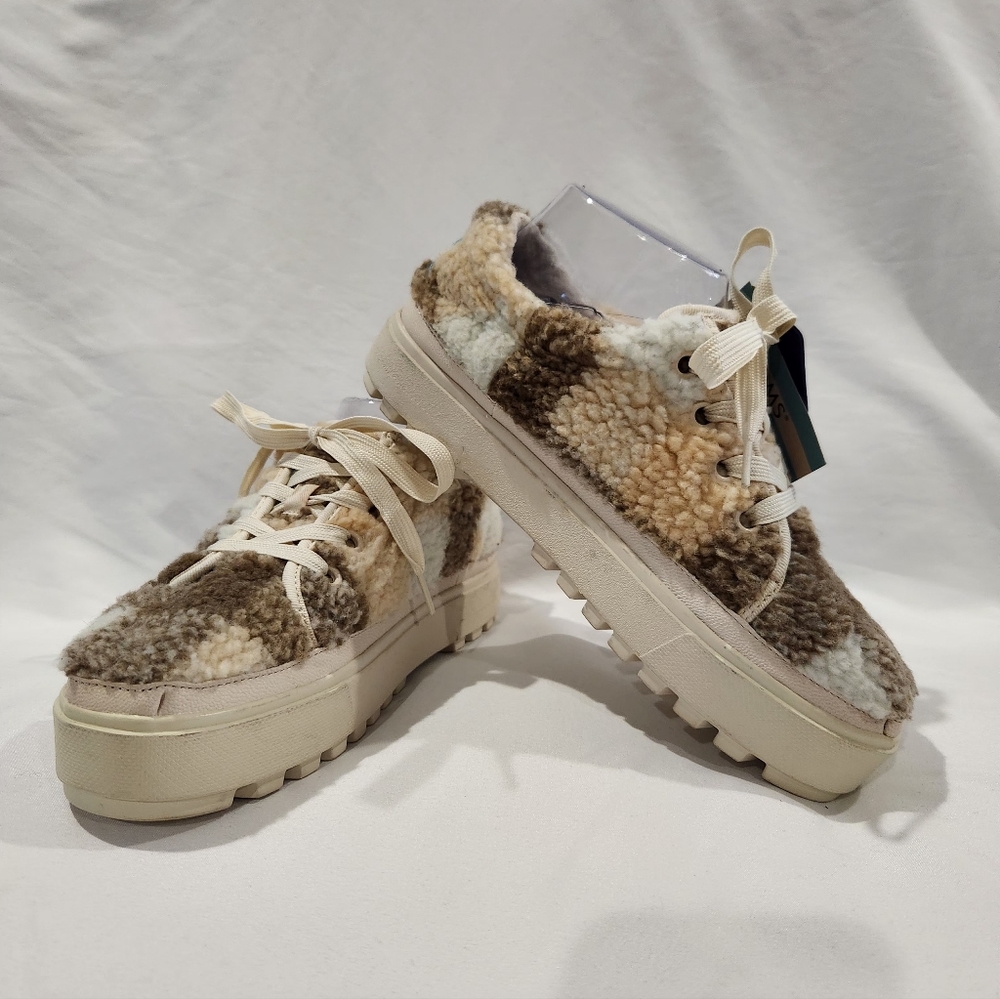 Toms Alpargata Women's Lace-up Lug Shearling Plaid Sneakers in Cream and Brown.